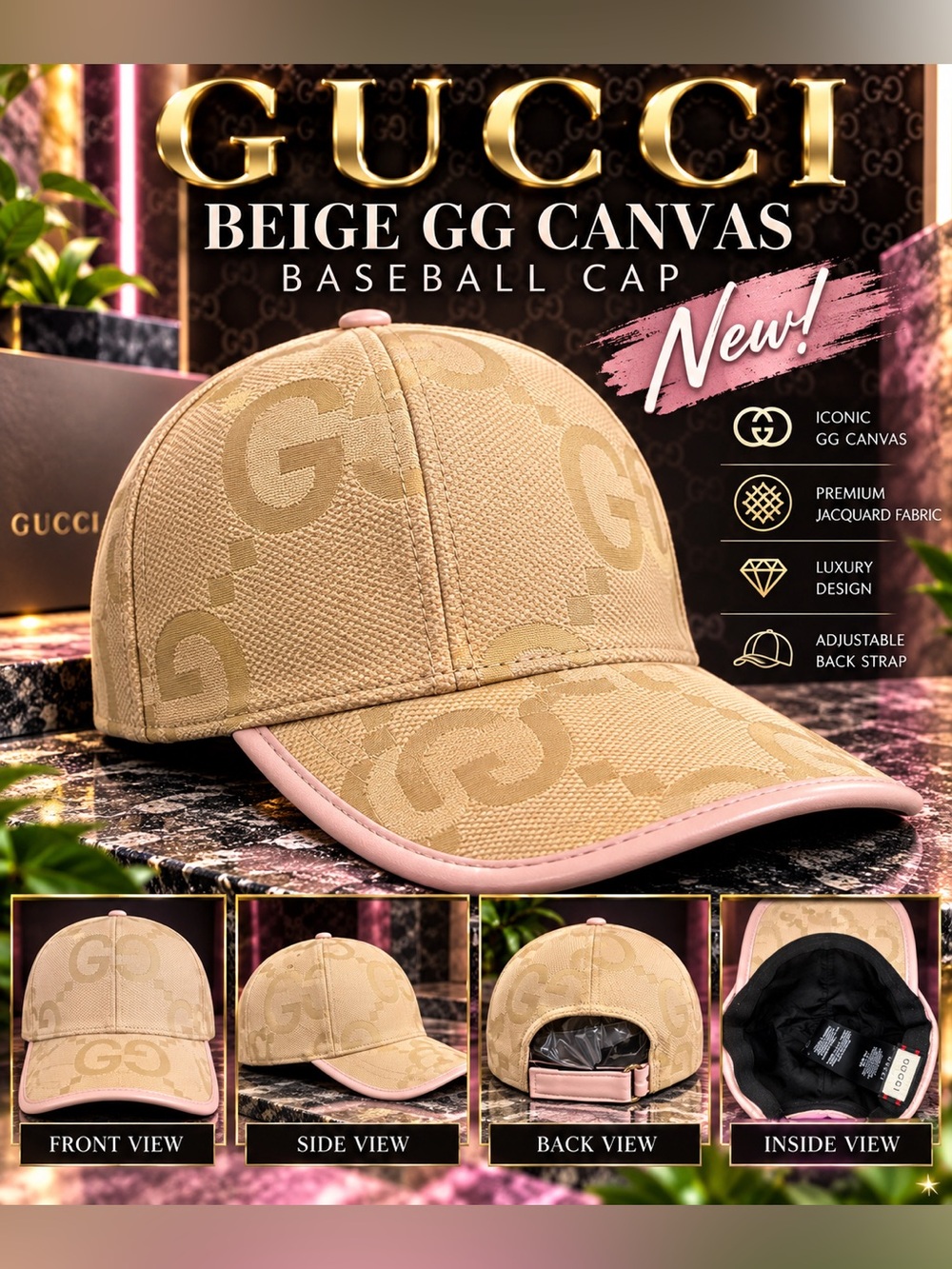 Gucci Beige GG Canvas Baseball Cap with Pink Trim🔥New!